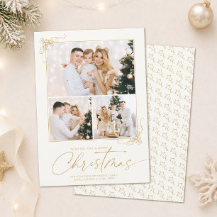 Cartes Pour Fêtes Annuelles Script Or Gold Noël 3 Photos Dessinées à la Main
