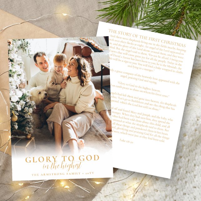 Cartes Pour Fêtes Annuelles Script Or moderne Photo de Noël religieuse (Modern religious Christmas card in gold and white with photo and story of first Christmas on back)