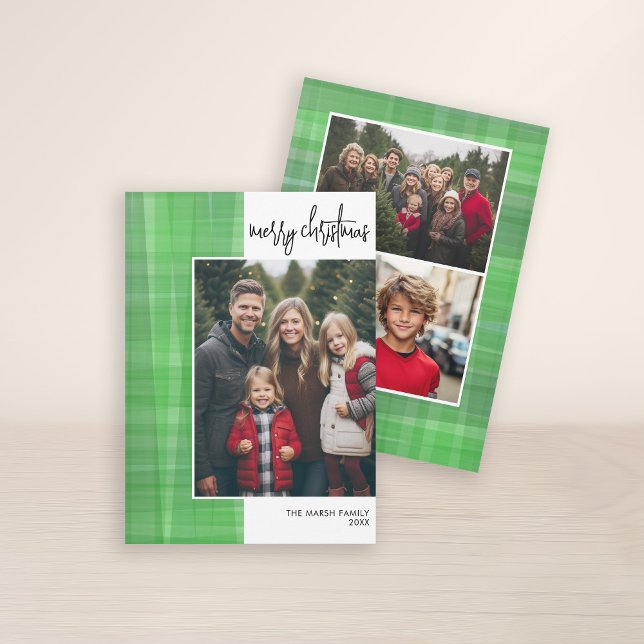 Cartes Pour Fêtes Annuelles Script photo Joyeux Noël Centre de loisirs moderne (3 Photo Christmas Card with Plaid Watercolor Pattern - Print and Download Option)