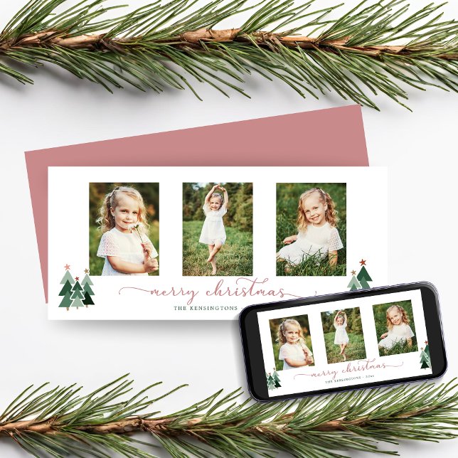 Cartes Pour Fêtes Annuelles Script rose Arbres de Noël 3 Photo (Pink Script Christmas Trees 3 Photo Holiday Card)
