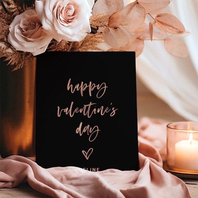 Cartes Pour Fêtes Annuelles Script Rose noir et noir | Heart Valentine (An elegant black Valentine's Day card with casual faux rose gold script and a heart)