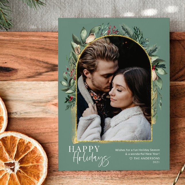 Cartes Pour Fêtes Annuelles Script tendance Sage Greenery Gold Arch Photo (Créateur téléchargé)