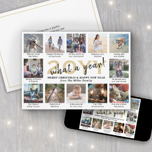 Cartes Pour Fêtes Annuelles Script What a Year ! 12 Photo Collage Gold & White