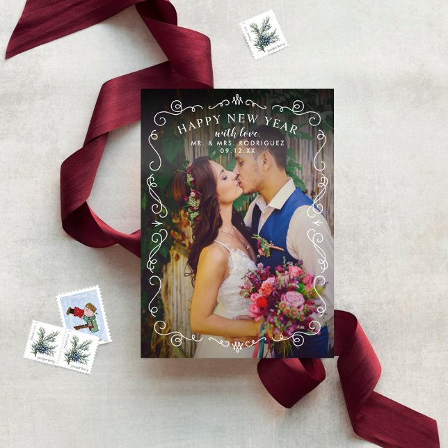 Cartes Pour Fêtes Annuelles Scrolls Élégants Joyeux Nouvel An Bourgogne Photo (Créateur téléchargé)