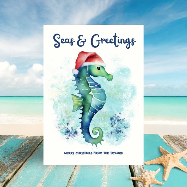 Cartes Pour Fêtes Annuelles Seahorse Père Noël Seas et salutations Noël nautiq (Créateur téléchargé)