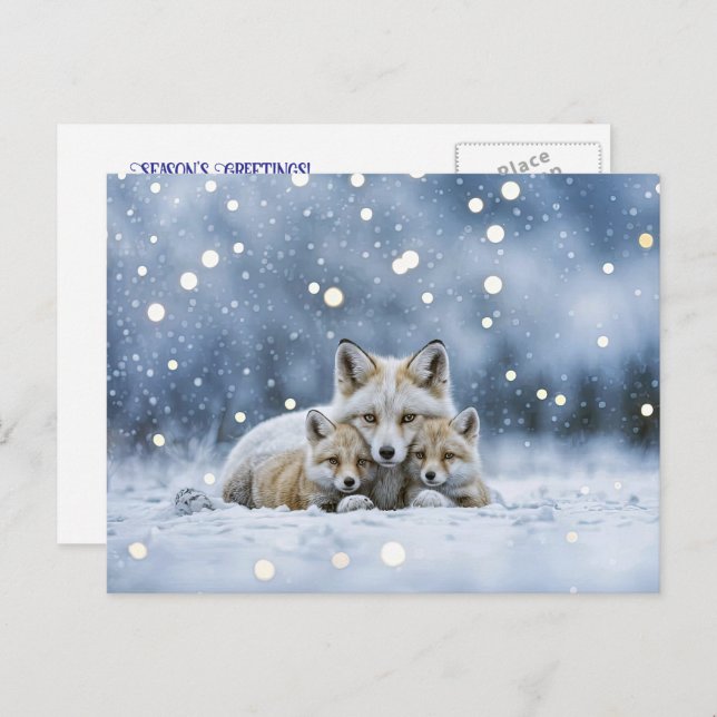 Cartes Pour Fêtes Annuelles Seasons Greeting Holiday Fox and Snow (Devant / Derrière)