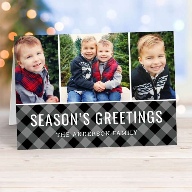 Cartes Pour Fêtes Annuelles Seasons Greetings Gray Buffalo Plaid Photo de coll (Créateur téléchargé)