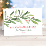 Cartes Pour Fêtes Annuelles Seasons Greetings Green Red Winter Greenery<br><div class="desc">This stylish "Season's Greetings" Christmas holiday card features a modern and minimal green watercolor winter branch with red berry accents. The elegant text can be completely personalized with your choice of greeting,  family name,  year,  and a custom message inside the card.</div>