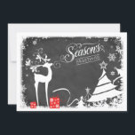 Cartes Pour Fêtes Annuelles Season's Greetings Holiday Card | Faux Chalkboard<br><div class="desc">This inexpensive and festive black and white faux chalkboard "Season's Greetings" Christmas or Holiday card has a male deer with antlers adorned with holly and berries, red and white gifts with ribbons, snowflakes, stars, and a variety of Christmas trees on a chalkboard background with a snowy border on it. This...</div>
