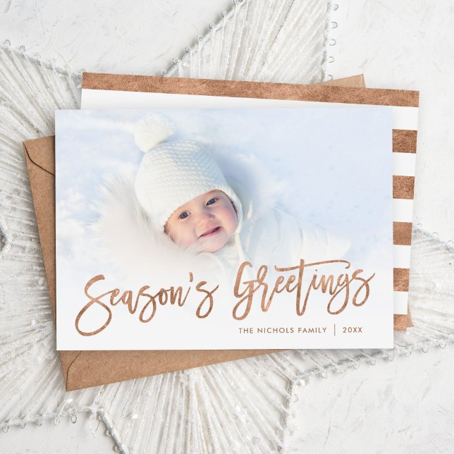 Cartes Pour Fêtes Annuelles Season's Greetings Rose Gold Script Photo Overlay (Créateur téléchargé)
