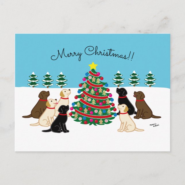 Cartes Pour Fêtes Annuelles Sept Labradors et Arbre de Noël (Devant)