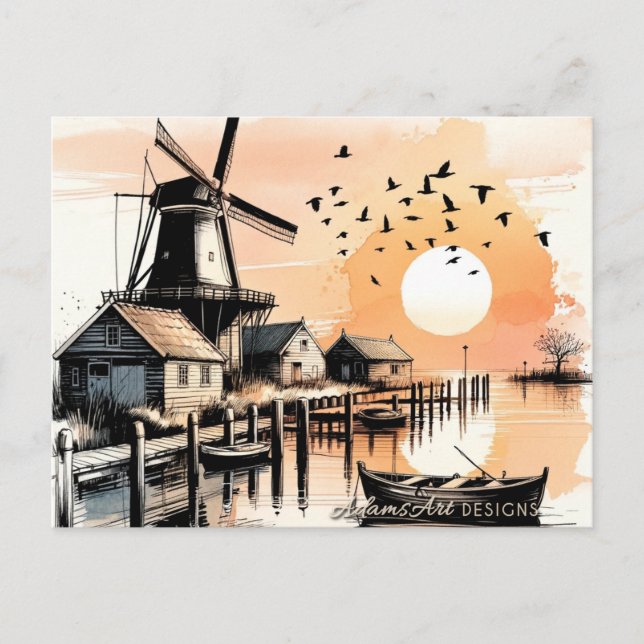 Cartes Pour Fêtes Annuelles Serene Windmill Sunset Harbor (Devant)