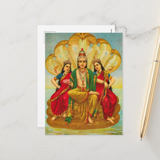 Cartes Pour Fêtes Annuelles Sesha Narayana, Roi des Nagas par Raja Ravi Varma (Devant/Arrière en situation)