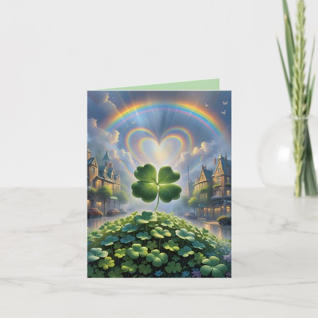 Cartes Pour Fêtes Annuelles Shamrocks dans un village avec un arc-en-ciel dans (Devant)