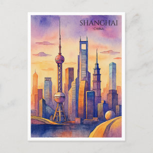 Cartes Pour Fêtes Annuelles Shanghai Skyline Chine Voyage Aquarelle