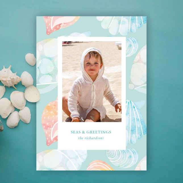 Cartes Pour Fêtes Annuelles Shell Watercolor Seas Et Salutations (Créateur téléchargé)