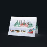 Cartes Pour Fêtes Annuelles Sheltie Dogs tirant Red Sleigh<br><div class="desc">Les Shelties tirent la ceinture rouge de Noël ! Le merle bleu,  le tri et le mouton Shetland de sable tirent un traîneau avec des cadeaux. Une grange rouge avec un bonhomme de neige et une tempête de neige sont dans l'arrière - plan. Illustration de l'artiste ©Jacqueline Schneider</div>