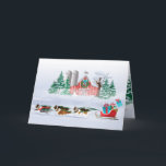 Cartes Pour Fêtes Annuelles Sheltie Dogs tirant Red Sleigh<br><div class="desc">Les Shelties tirent la ceinture rouge de Noël ! Le merle bleu,  le tri et le mouton Shetland de sable tirent un traîneau avec des cadeaux. Une grange rouge avec un bonhomme de neige et une tempête de neige sont dans l'arrière - plan. Illustration de l'artiste ©Jacqueline Schneider</div>