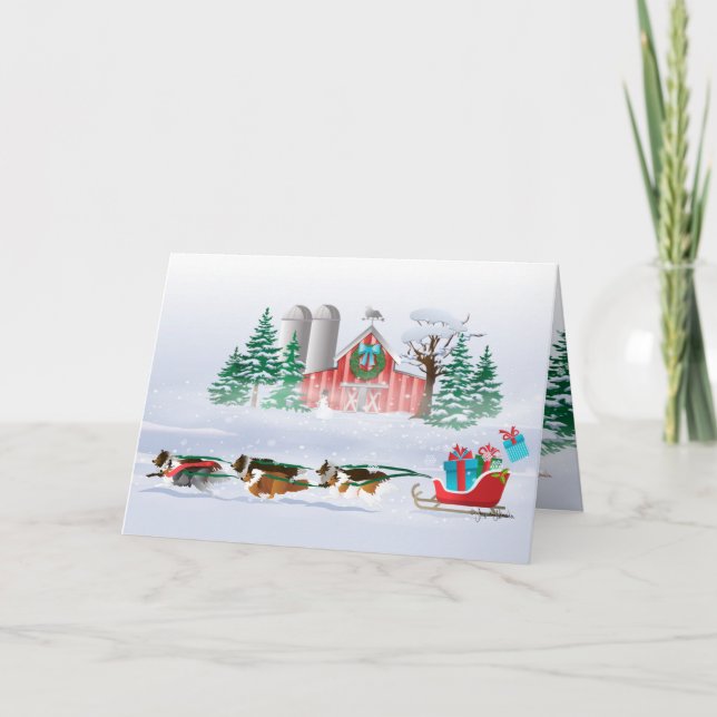 Cartes Pour Fêtes Annuelles Sheltie Dogs tirant Red Sleigh (Devant)