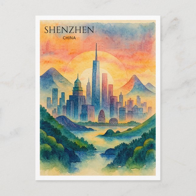 Cartes Pour Fêtes Annuelles Shenzhen Chine Aquarelle Skyline Souvenir (Devant)