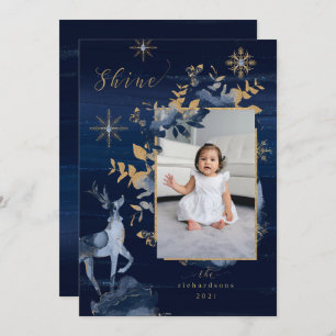 Cartes Pour Fêtes Annuelles Shine Navy Gold Snowflakes Reindeer & Jewers Photo