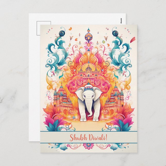 Cartes Pour Fêtes Annuelles 🐘 Shubh Diwali avec l'élégance de l'aquarelle (Devant / Derrière)