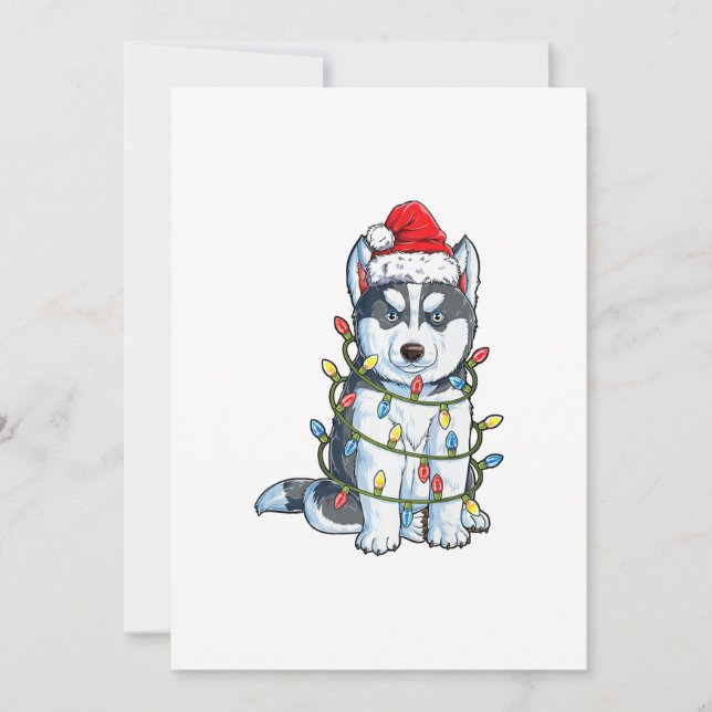 Cartes Pour Fêtes Annuelles Siberian Husky Père Noël Arbre de Noël Lumières Xm (Devant)