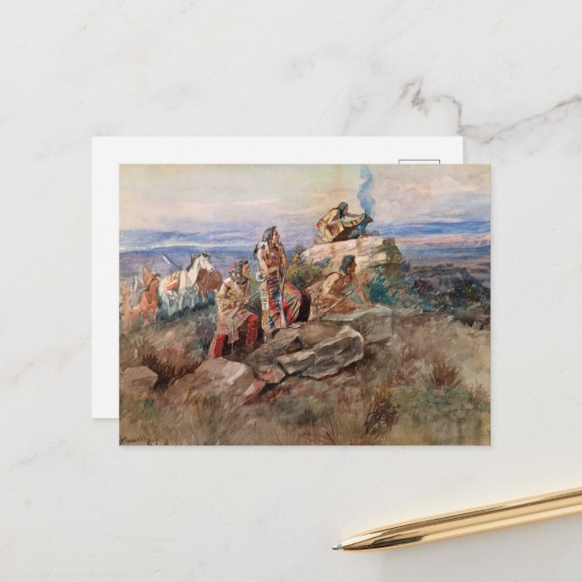 Cartes Pour Fêtes Annuelles Signal de fumée par Charles Marion Russell (Devant/Arrière en situation)