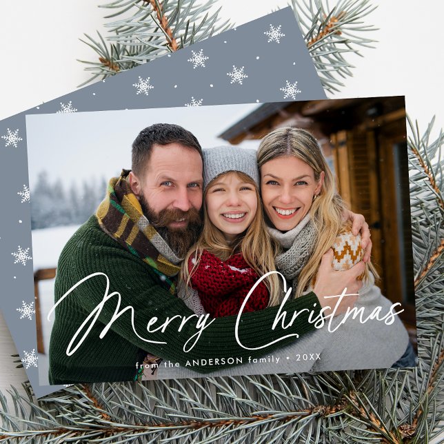 Cartes Pour Fêtes Annuelles Signature moderne Script Christmas Icy Blue Photo (Créateur téléchargé)