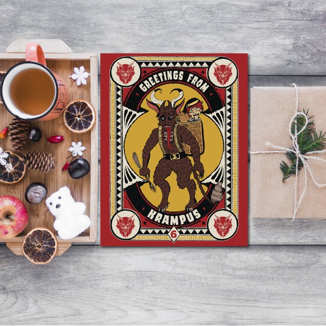 Cartes Pour Fêtes Annuelles Signe de Noël de Krampus portant des jouets (What kind of gifts can you expect from Krampus this Christmas?)