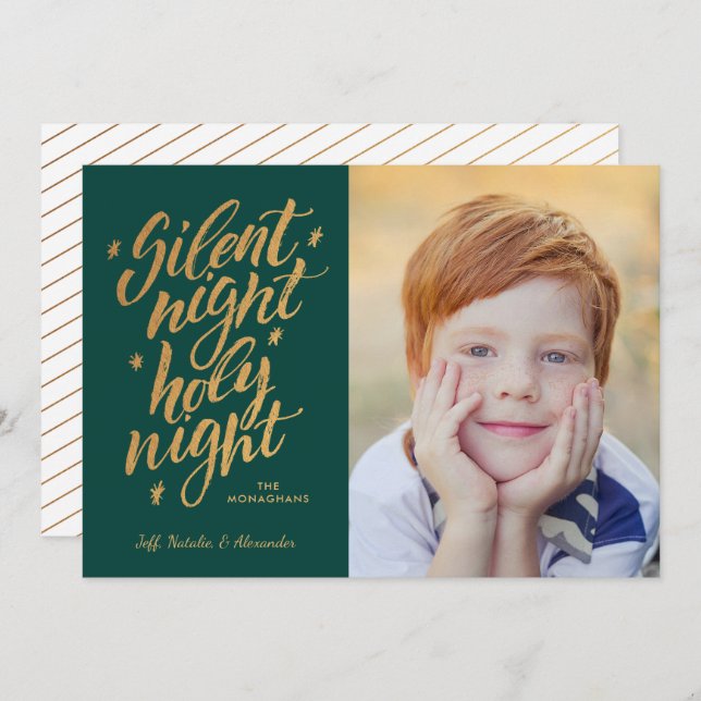 Cartes Pour Fêtes Annuelles Silence Night Gold Foil Noël Photo Green (Devant / Derrière)