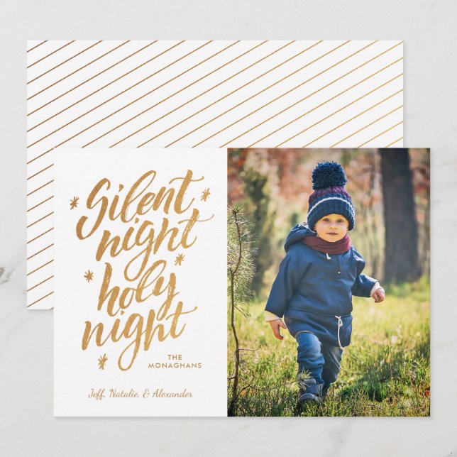 Cartes Pour Fêtes Annuelles Silencieux Nuit Faux Gold Foil Noël Photo Blanc (Devant / Derrière)