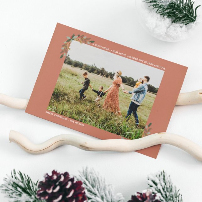 Cartes Pour Fêtes Annuelles Silent Night Hope and Love Holly Plaid Religieux (Family Photo Religious Silent Night Christmas Holiday Card)
