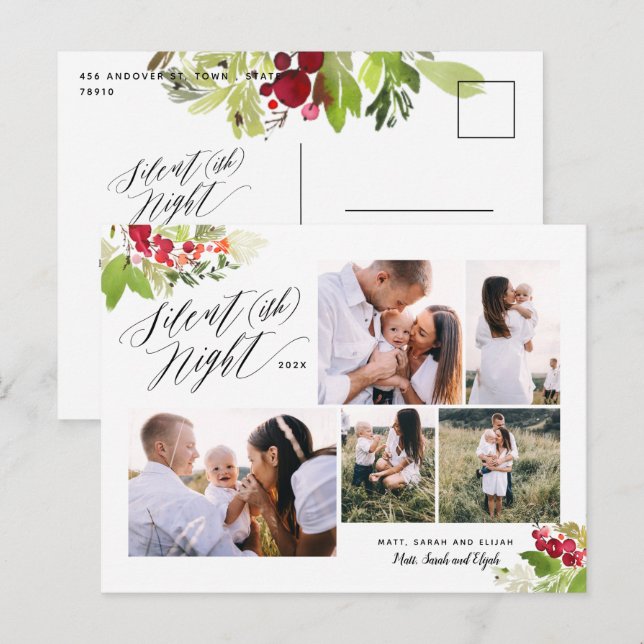 Cartes Pour Fêtes Annuelles Silent nuit multi photo rouge vert feuillage drôle (Devant / Derrière)