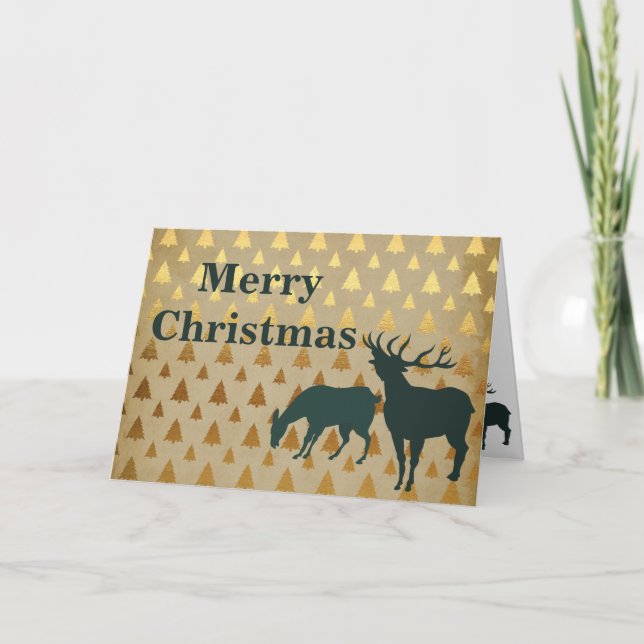Cartes Pour Fêtes Annuelles Silhouette Elk Pins d'Or Joyeux Noël (Devant)