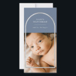 Cartes Pour Fêtes Annuelles Silver Arch Frame Hanukkah Photo Blue<br><div class="desc">Elegant faux silver arch frame,  Happy Hanukkah Holiday photo card. Features,  single photo on front and two photo template spaces on back of card with blue color backgrounds.</div>