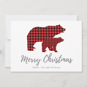 Cartes Pour Fêtes Annuelles Silver Glitter Buffalo Plaid Bear Christmas
