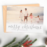 Cartes Pour Fêtes Annuelles Silver Merry Christmas Glitter Look Photo Holiday<br><div class="desc">These classic,  simple Christmas cards feature a photo and glitter look "merry christmas" in calligraphy script. Personalized with your own family name. The back of these cards features a glittery stripe design.</div>