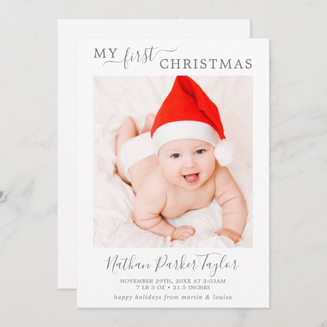 Cartes Pour Fêtes Annuelles Silver minimal Ma première photo de naissance de b (Devant / Derrière)