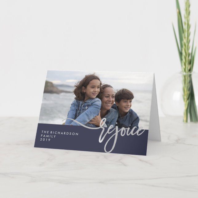 Cartes Pour Fêtes Annuelles Silver Rejoice | Votre photo sur Midnight Blue (Devant)