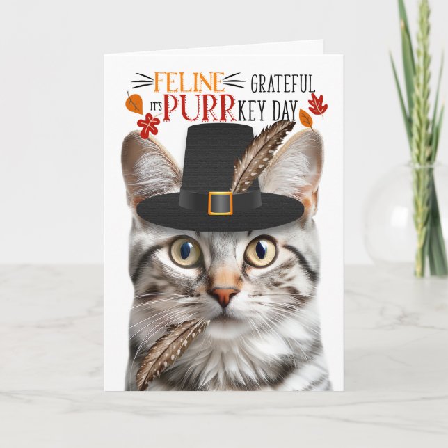 Cartes Pour Fêtes Annuelles Silver Tabby Cat Grateful pour PURRkey Day (Devant)