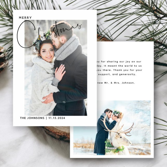 Cartes Pour Fêtes Annuelles Simple 1er Mariage de Noël Merci photo (Easily personalize this holiday wedding thank you card with 2 wedding photos and your deets!)