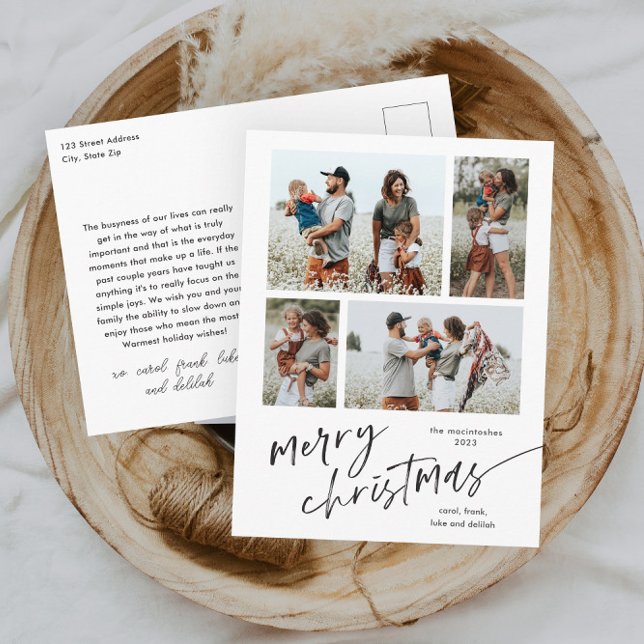 Cartes Pour Fêtes Annuelles Simple 4 photo Collage Script Joyeux Noël (Modern script black and white merry christmas 4 photo collage holiday postcard.)