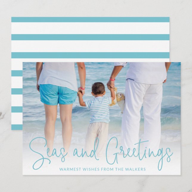 Cartes Pour Fêtes Annuelles Simple Aqua Beach Photo Noël élégant (Devant / Derrière)