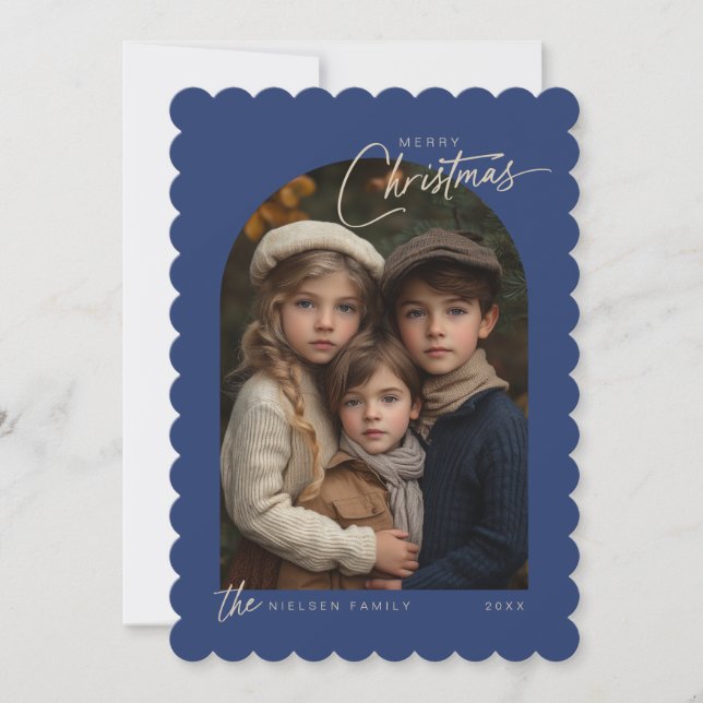 Cartes Pour Fêtes Annuelles Simple Bleu Joyeux Script de Noël Photo Scallopé (Devant)