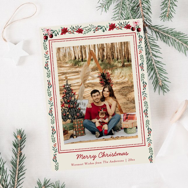 Cartes Pour Fêtes Annuelles Simple Boho Noël vert Poinsettia 1 Photo (Créateur téléchargé)