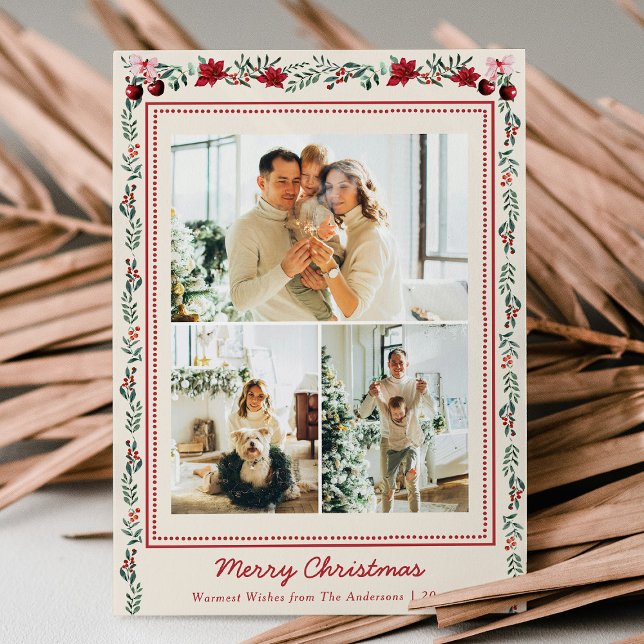 Cartes Pour Fêtes Annuelles Simple Boho Noël vert Poinsettia 3 Photo (Créateur téléchargé)