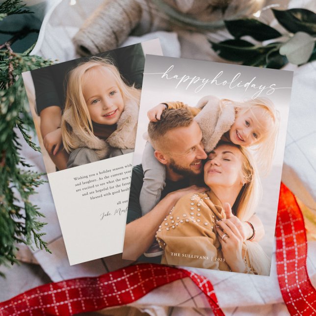 Cartes Pour Fêtes Annuelles Simple écriture manuscrite photo Noël (Minimal happy holidays photo holiday card with handwritten overlay typography and coordinating back.)