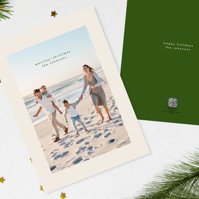 Cartes Pour Fêtes Annuelles Simple Élégant Crème Verte Minimale Photo de Noël (Créateur téléchargé)