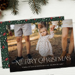 Cartes Pour Fêtes Annuelles Simple élégant Joyeux Noël Floral Retour<br><div class="desc">Ce magnifique carte photo de vacances présente une typographie moderne et élégante en bas, lisant "Joyeux Noël" en ivoire. Une superposition en dégradé foncé permet au texte de se démarquer de n'importe quelle photo. Le dos de la carte contient un motif floral et verdoyant dessiné à la main dans des...</div>